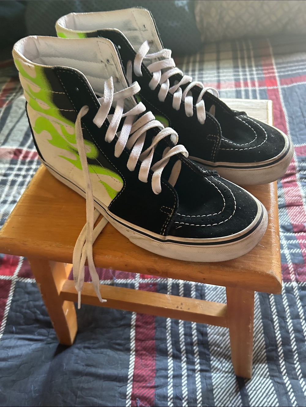 Vans Black and White High-Top Sneakers with Lime Green Flame Design